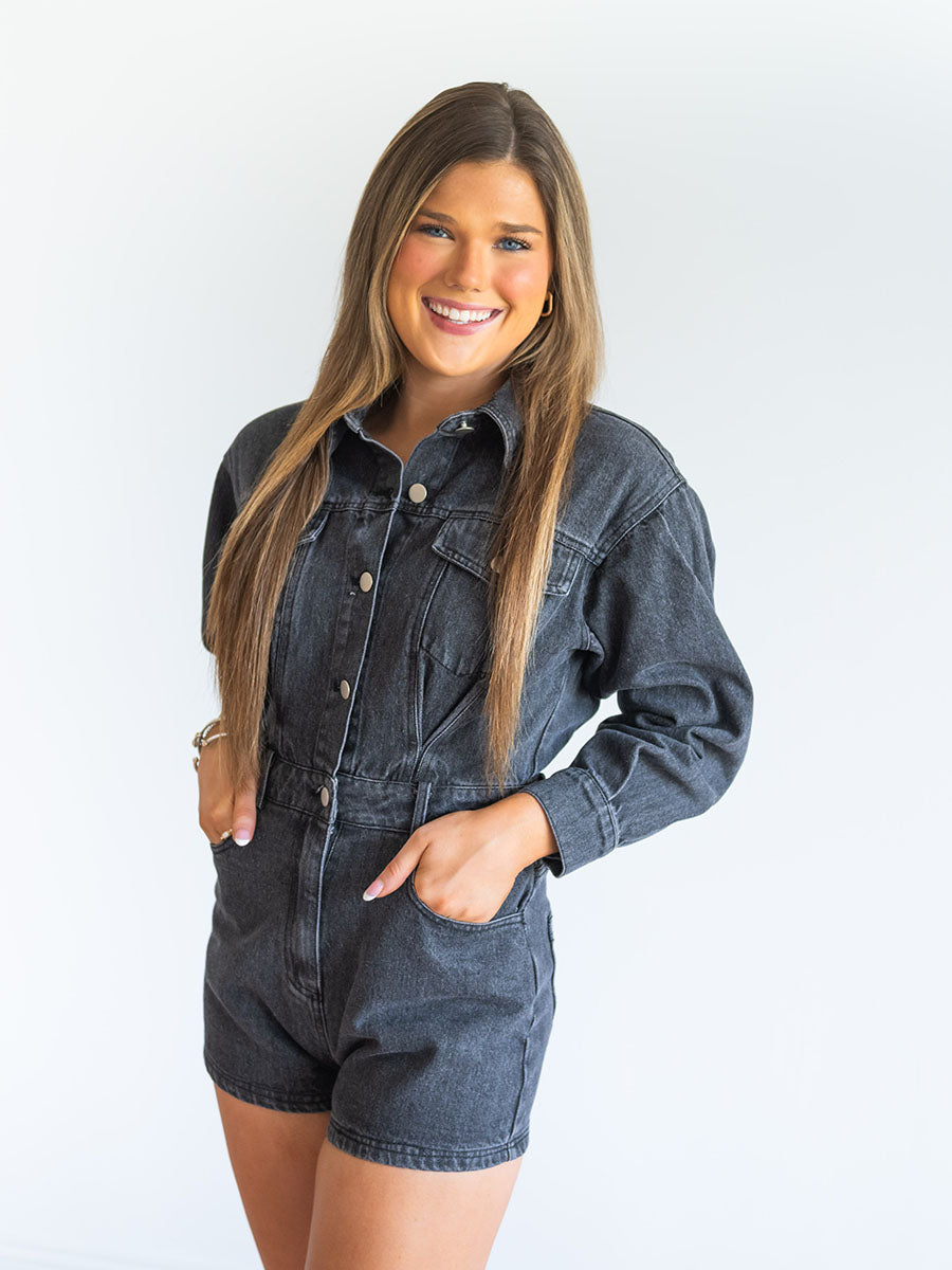 Black Button-Up Long-Sleeve Romper