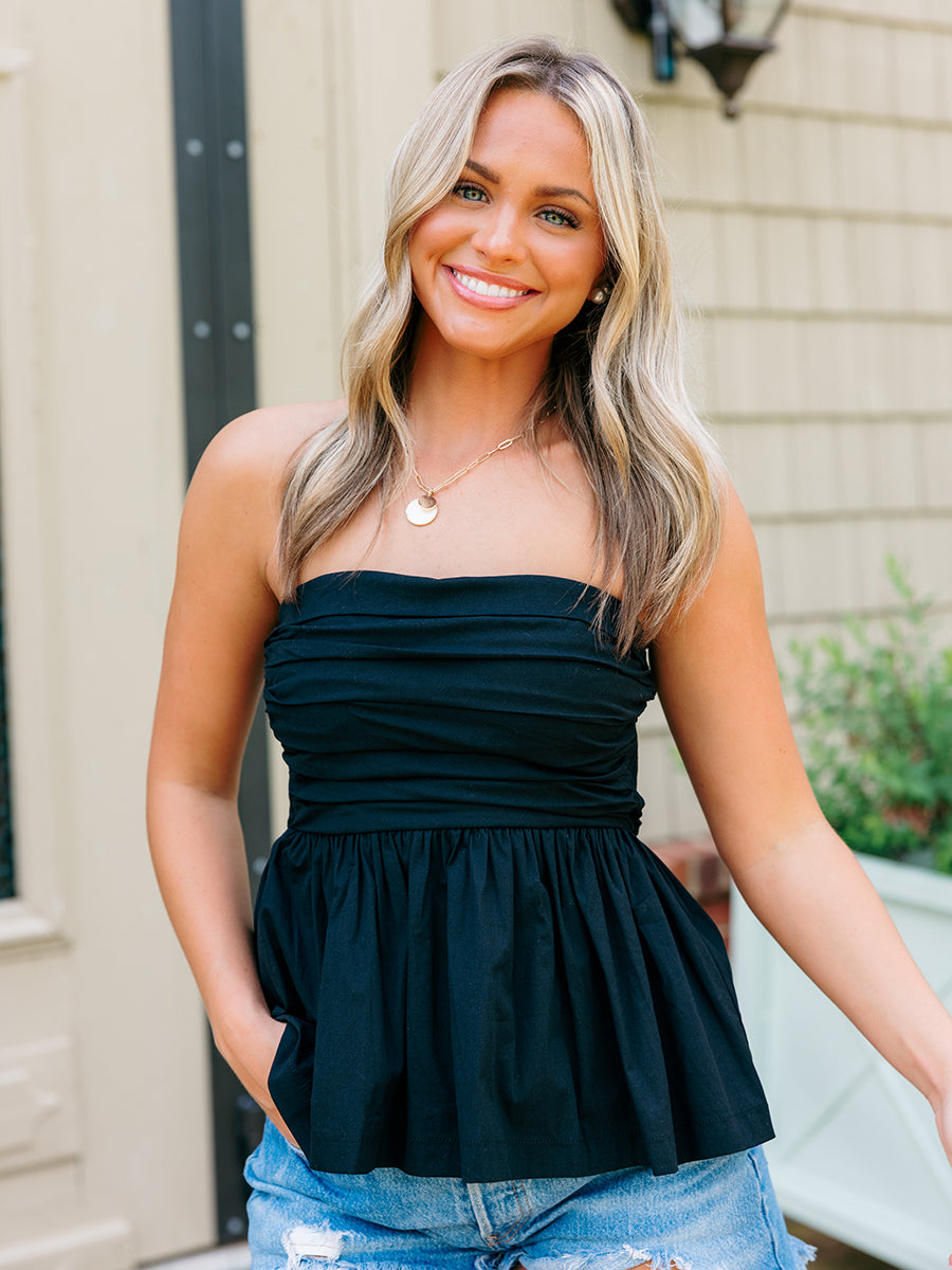 Black Tube Top with Bubbled Hem