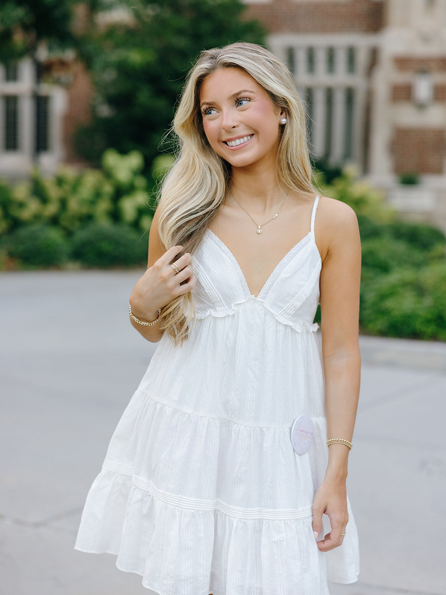 White V-Neck Tiered Mini Dress
