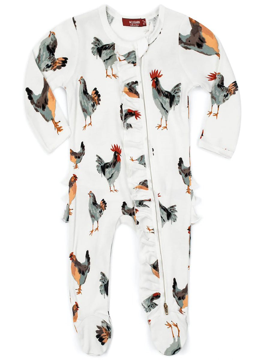 Chicken Organic Cotton Ruffle Zipper Footed Romper