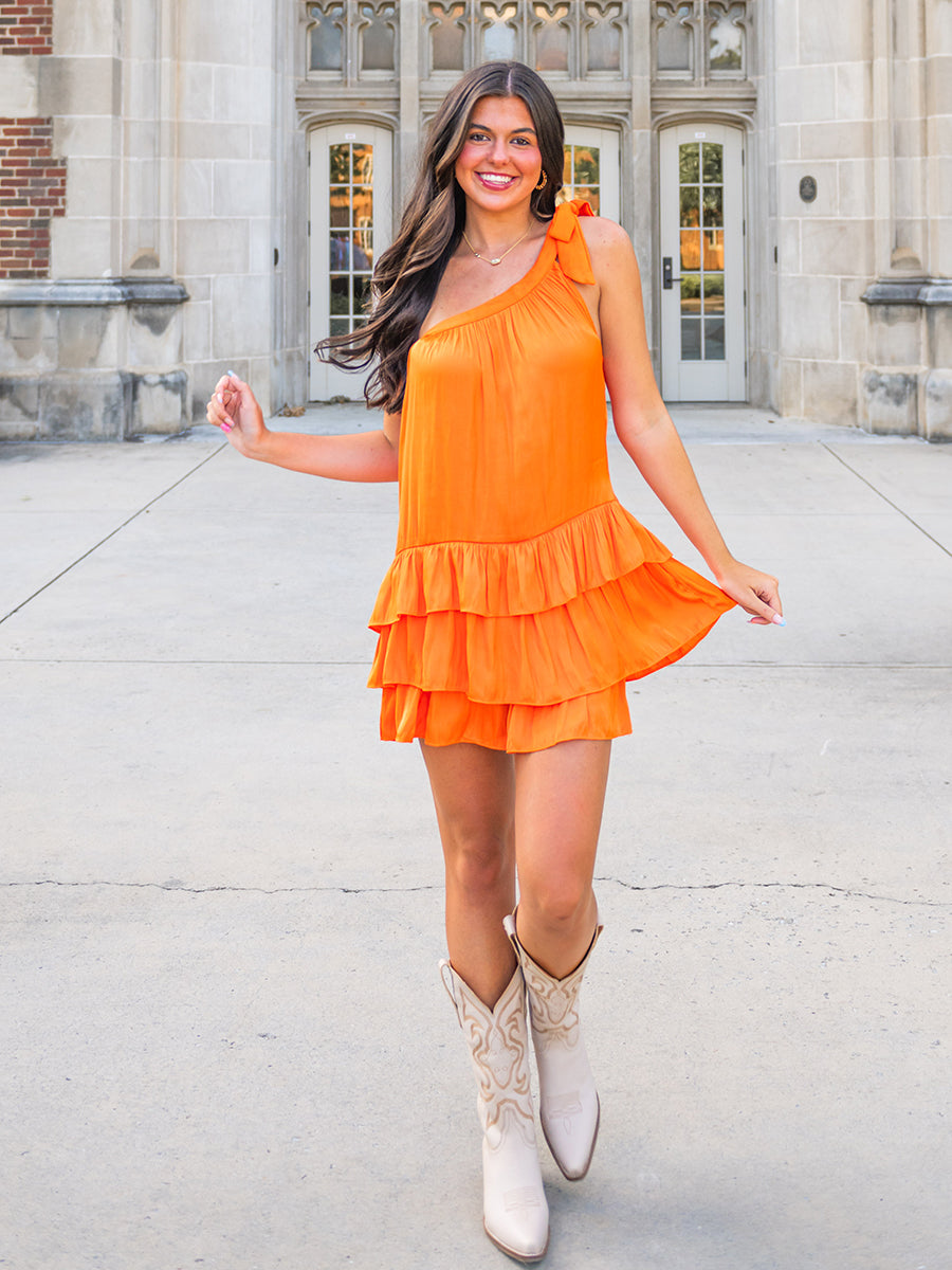 Orange One-Shoulder Ruffle Mini Dress
