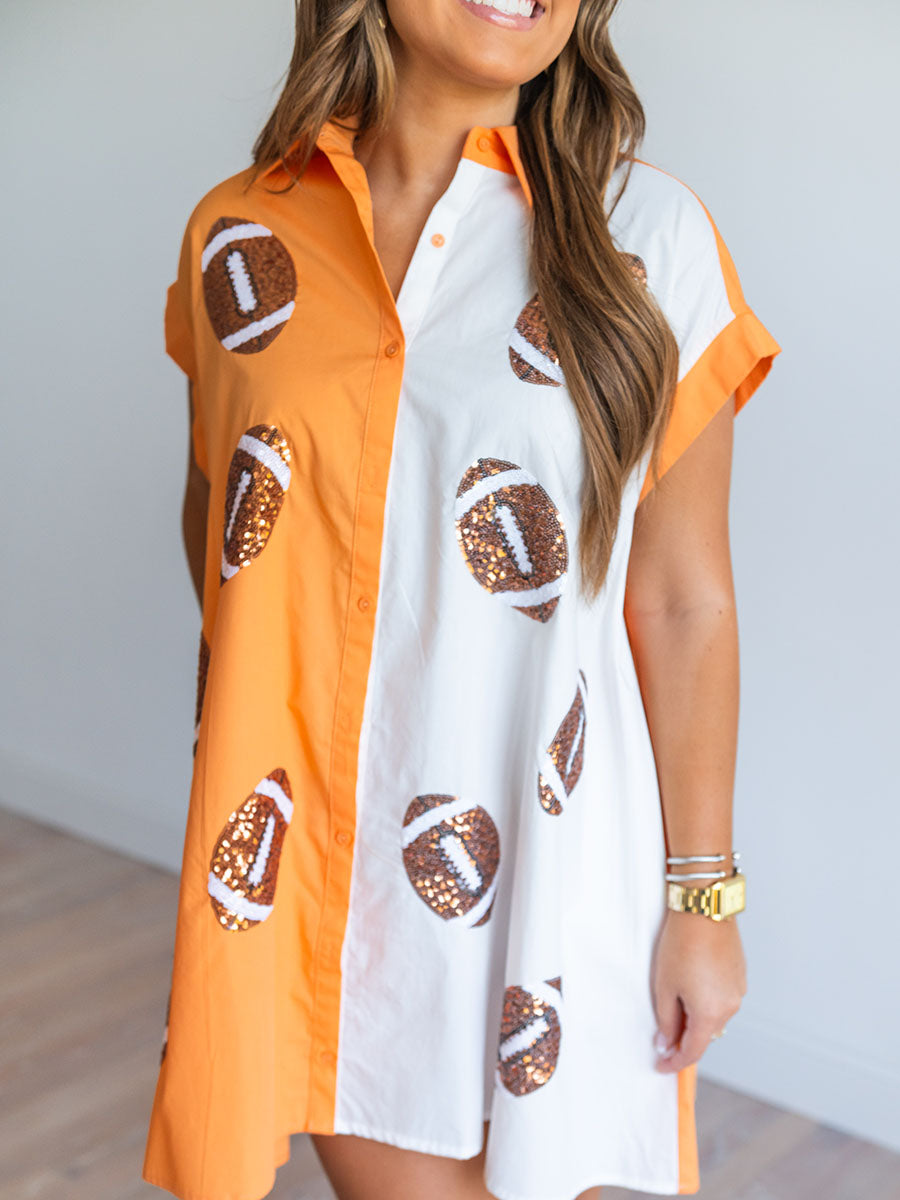 Sequin football orange and white shirt dress