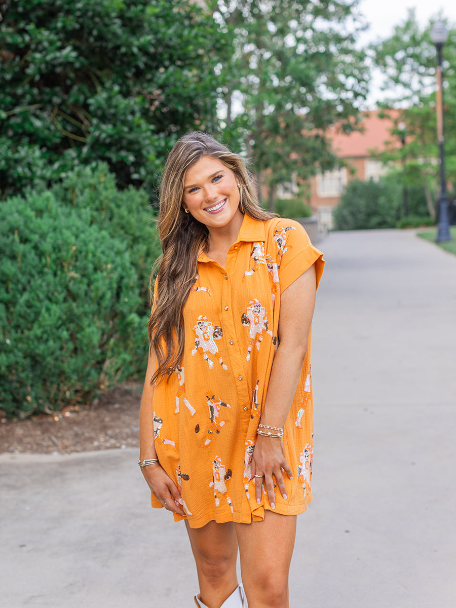 Queen of Sparkles Football Player Orange Dress Southern Made