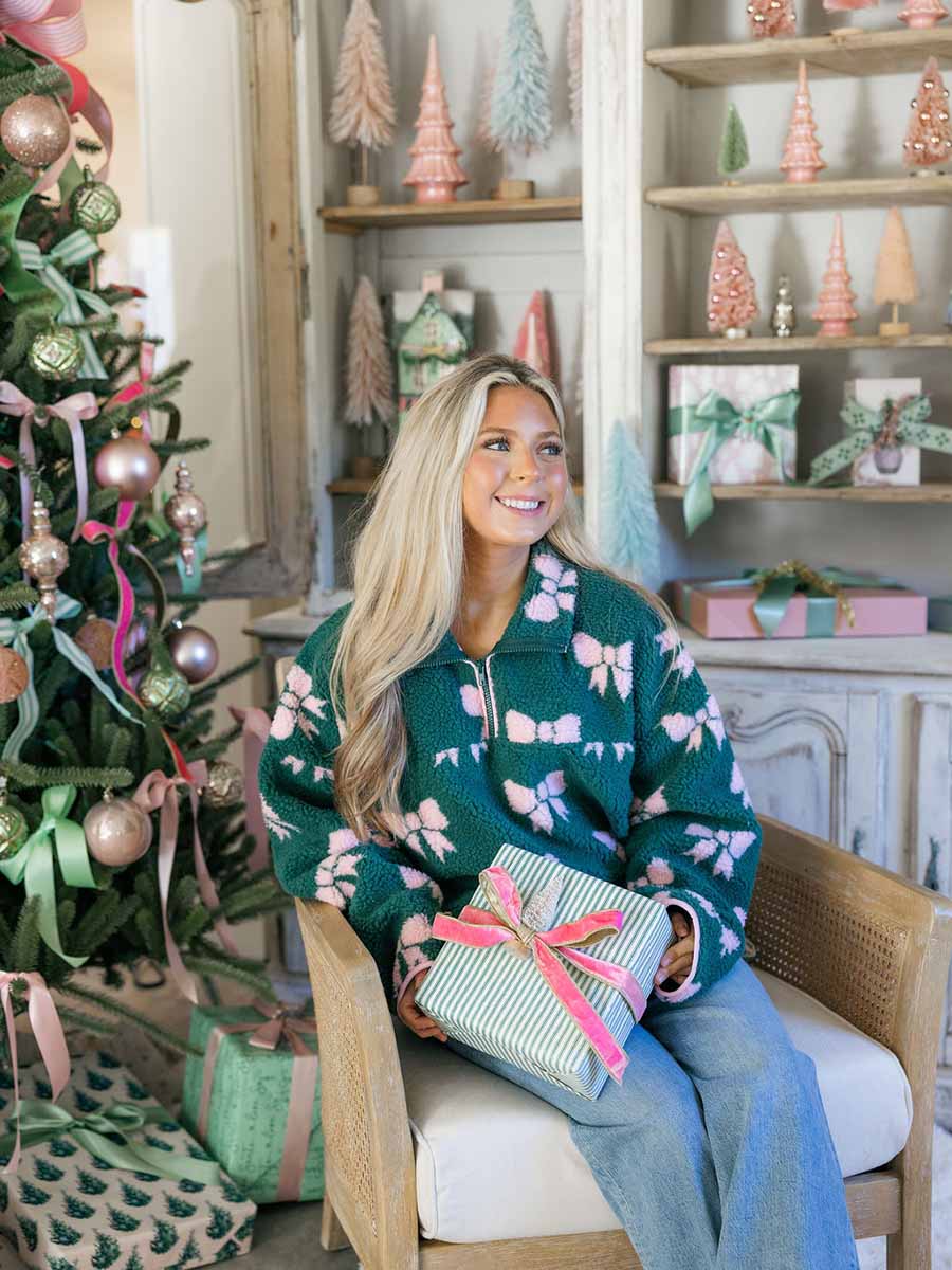 Forest Green Sherpa with Pink Bows