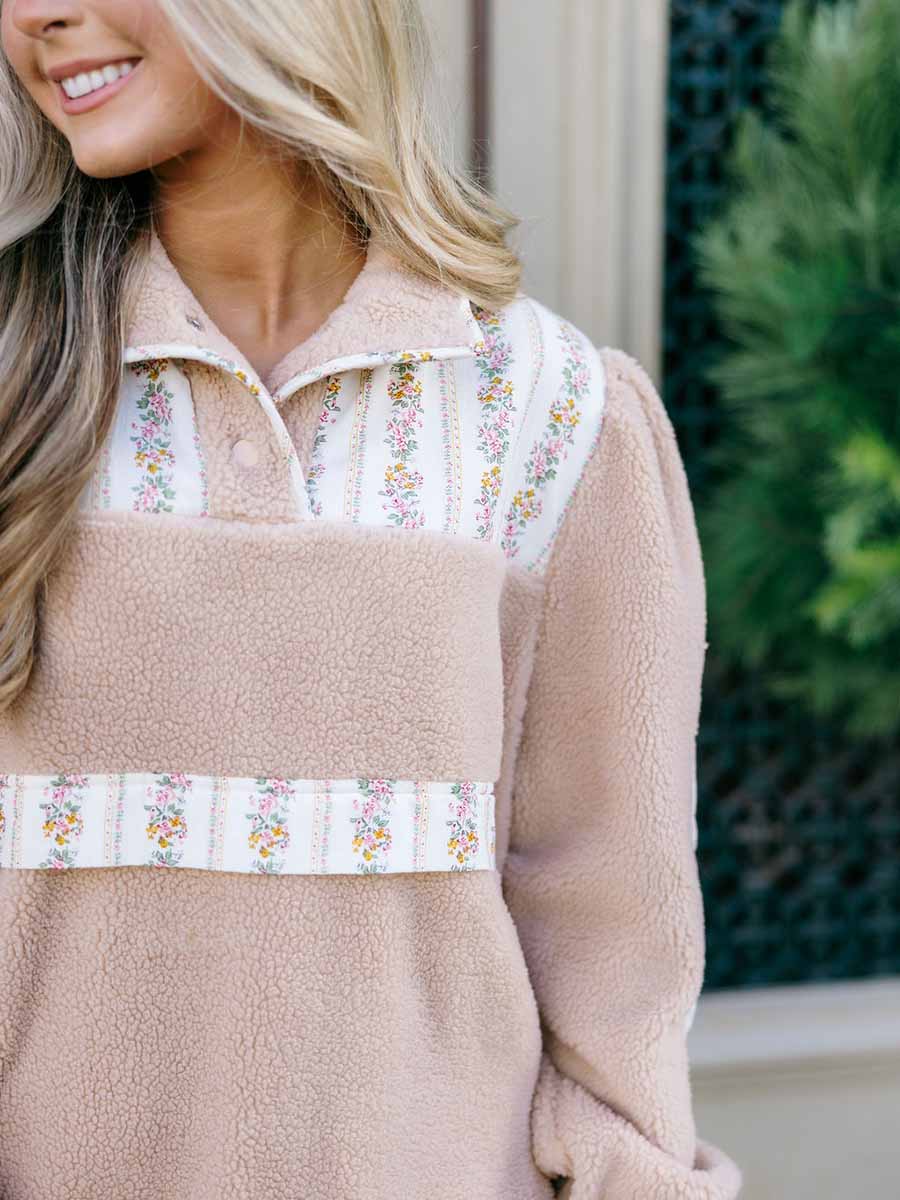 Floral Accent Taupe Sherpa Pullover **Doorbuster**