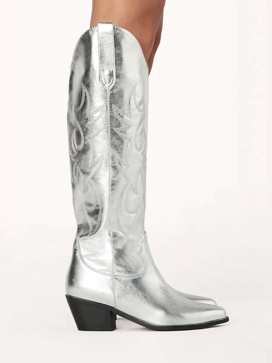 Western Cowgirl Tall Shiny Silver Boots