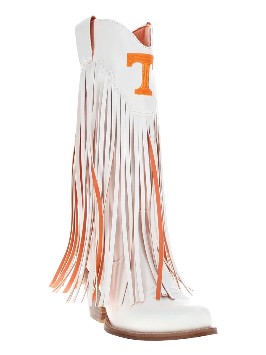 White boots with T logo and fringe