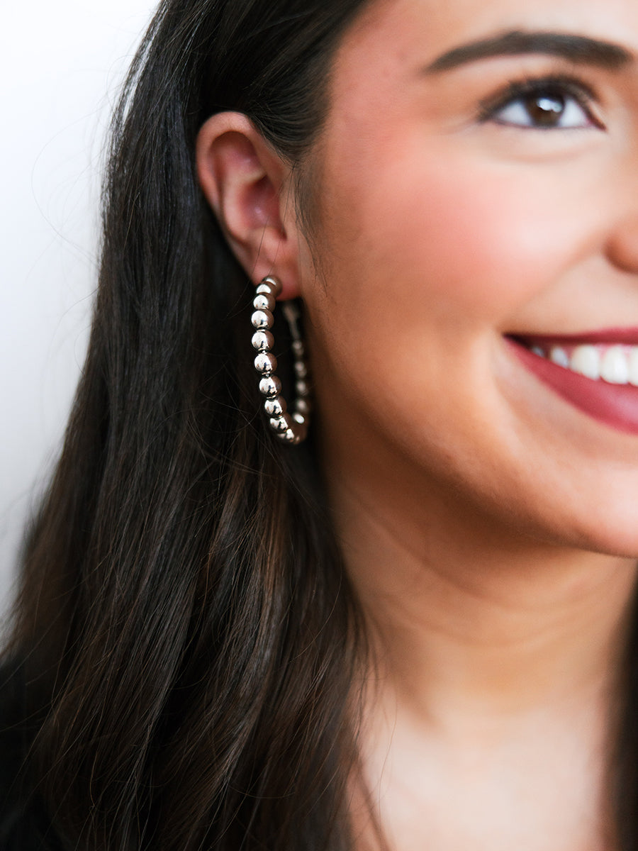 Silver Beaded Hoop Earrings