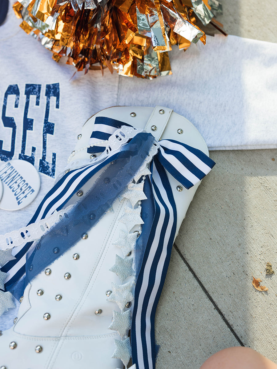 Navy & White Stripe and Silver Stars Boot Bows