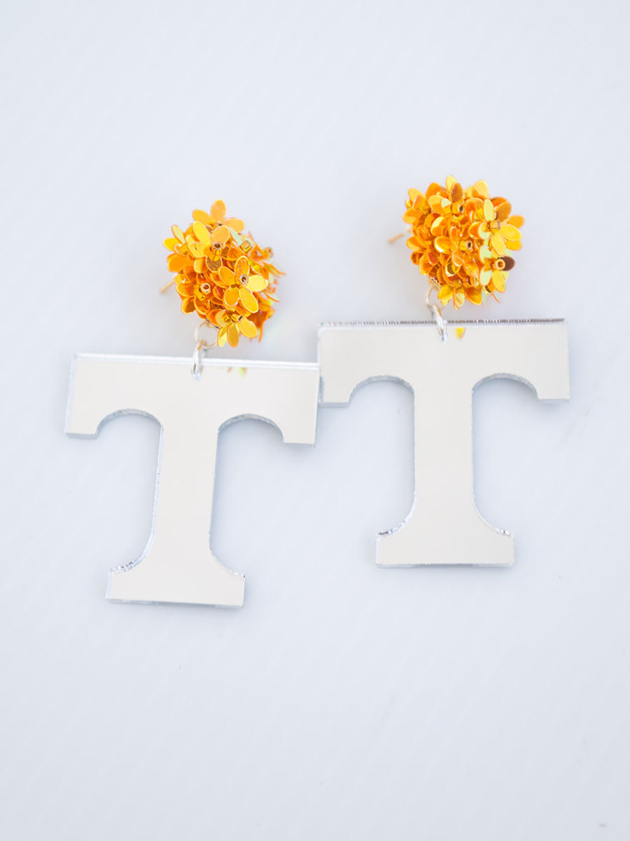 Silver Power T Earrings with Orange Flower Stud