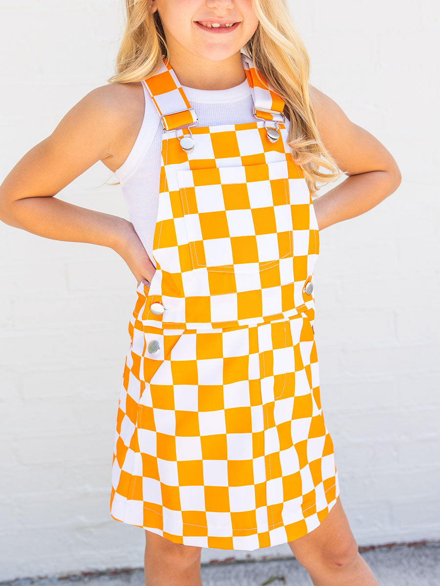 Girls Checkered Overall Bib Dress