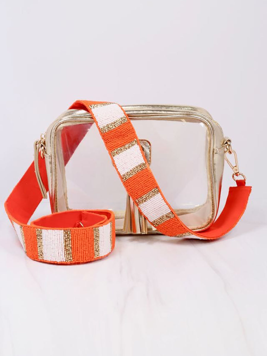 orange and white striped beaded purse strap