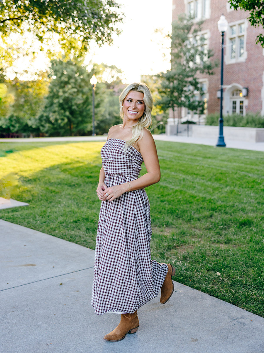 Brown Gingham Tube Striped Maxi Dress