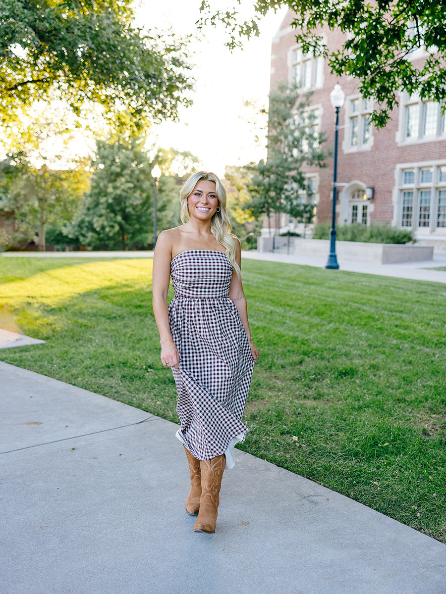 Brown Gingham Tube Striped Maxi Dress