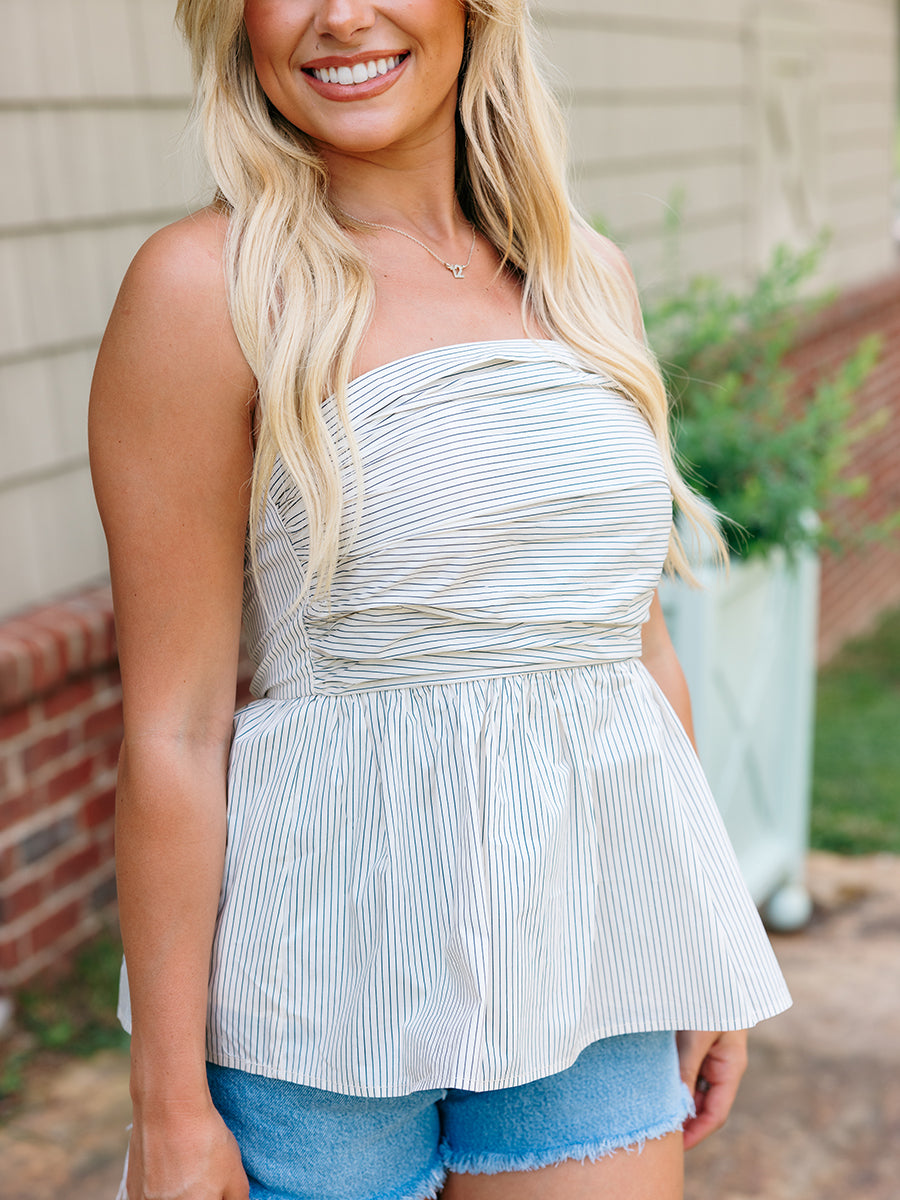 Striped Peplum Tube Top, Taupe