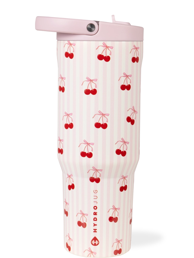Cherries Pink Striped Water Bottle