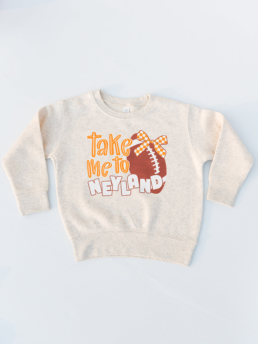 cream sweatshirt that says "Take me to Neyland" with football with bow