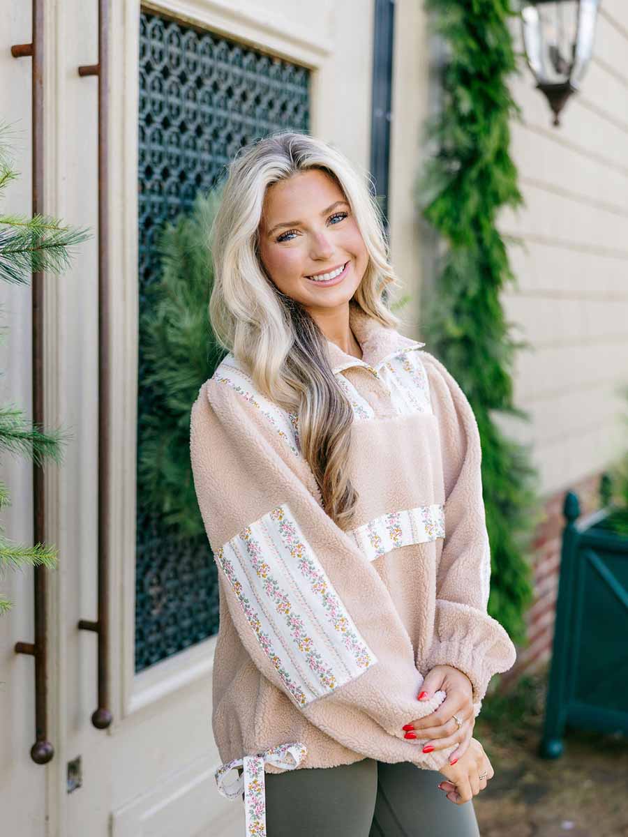 Floral Accent Taupe Sherpa Pullover **Doorbuster**