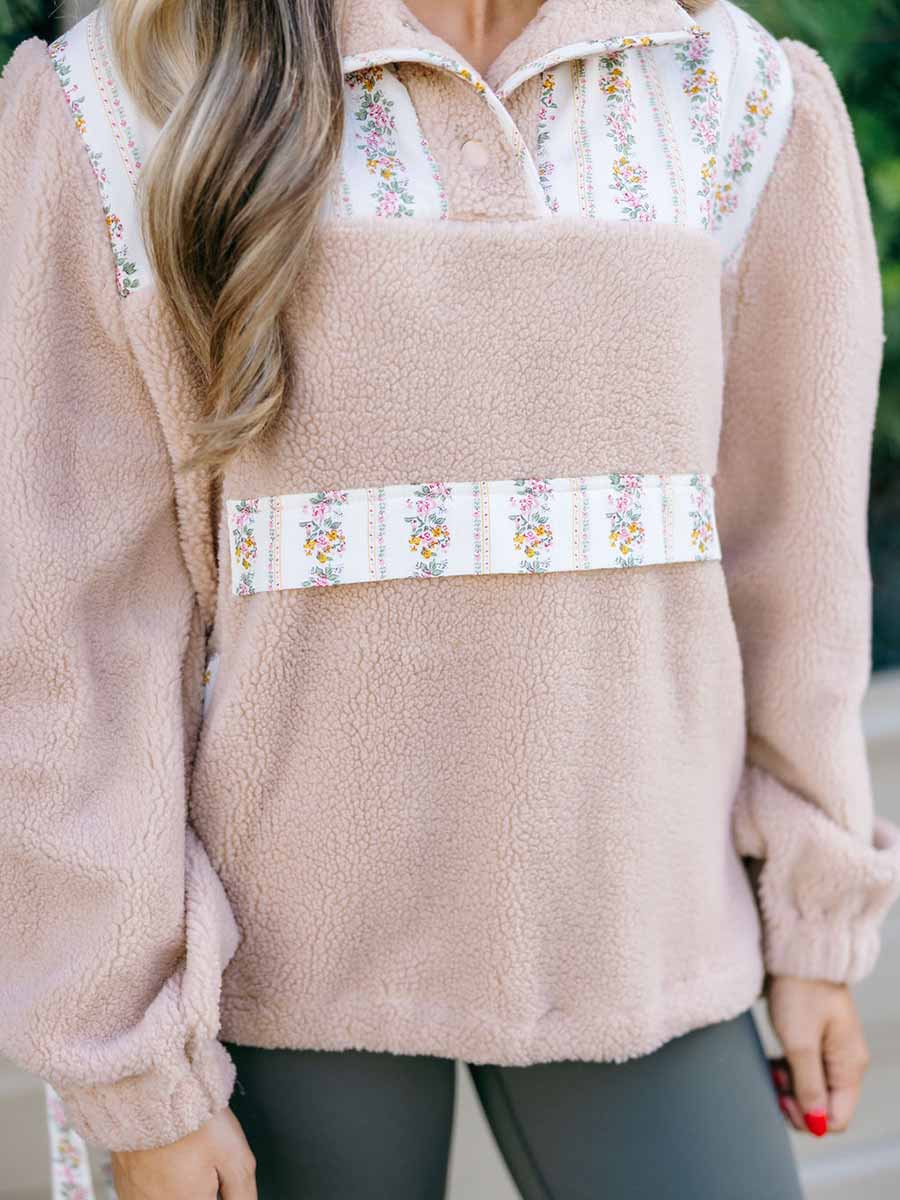 Floral Accent Taupe Sherpa Pullover **Doorbuster**