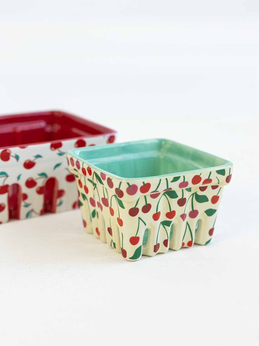 Ceramic Cherry Berry Basket, Blue Inside