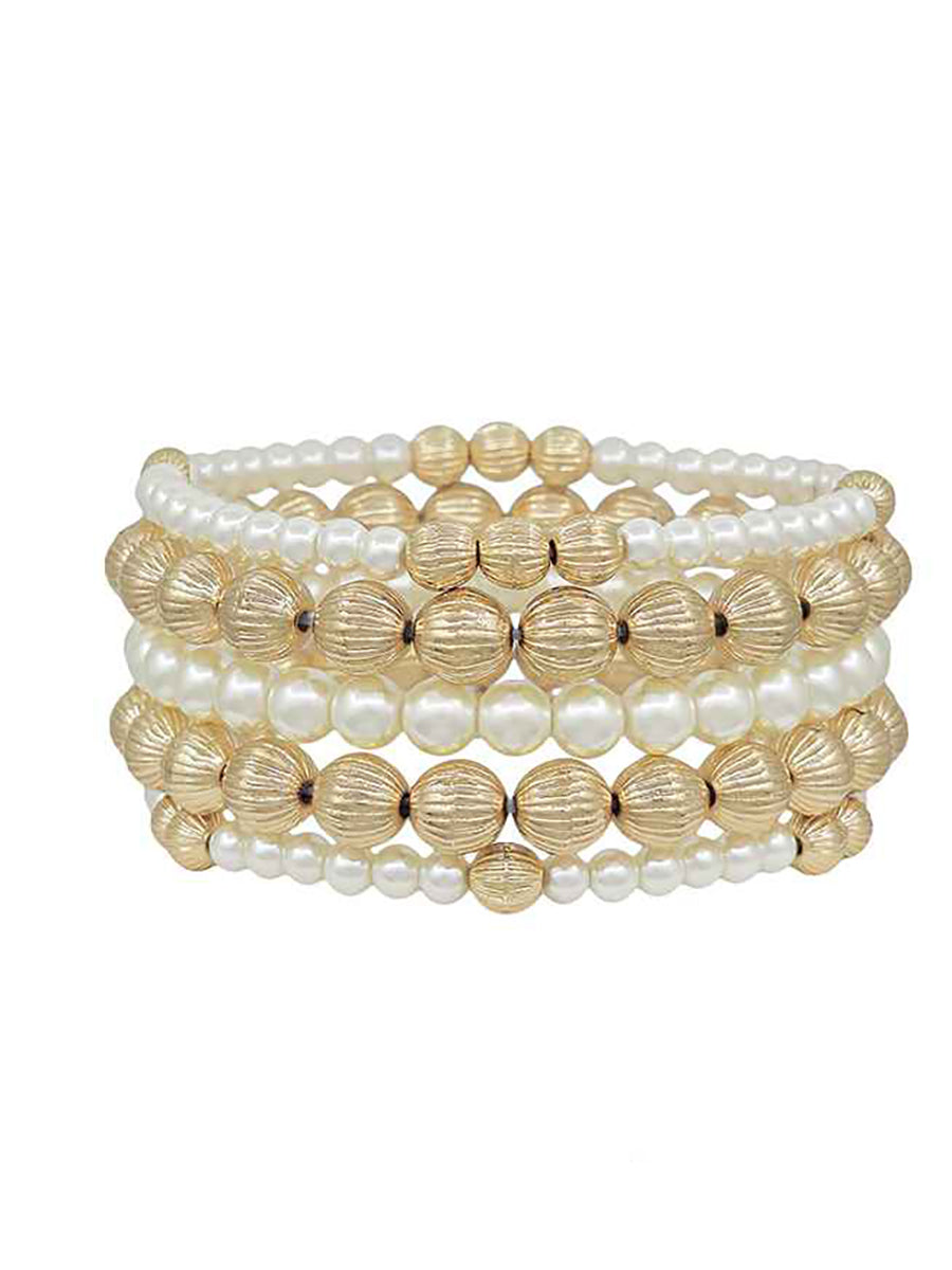 Gold Textured Bead and Pearl Bracelet Set