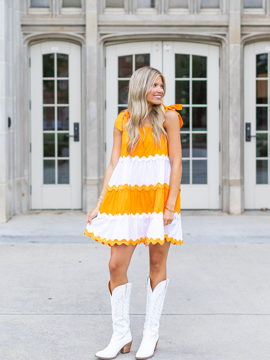 Orange and White Tiered Mini Dress