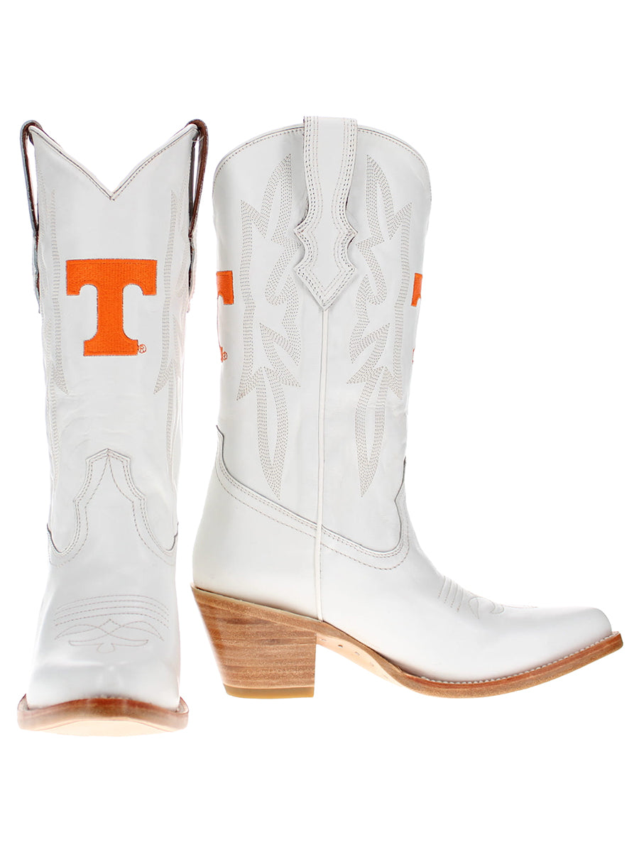 White cowboy boots with orange 'T' logo