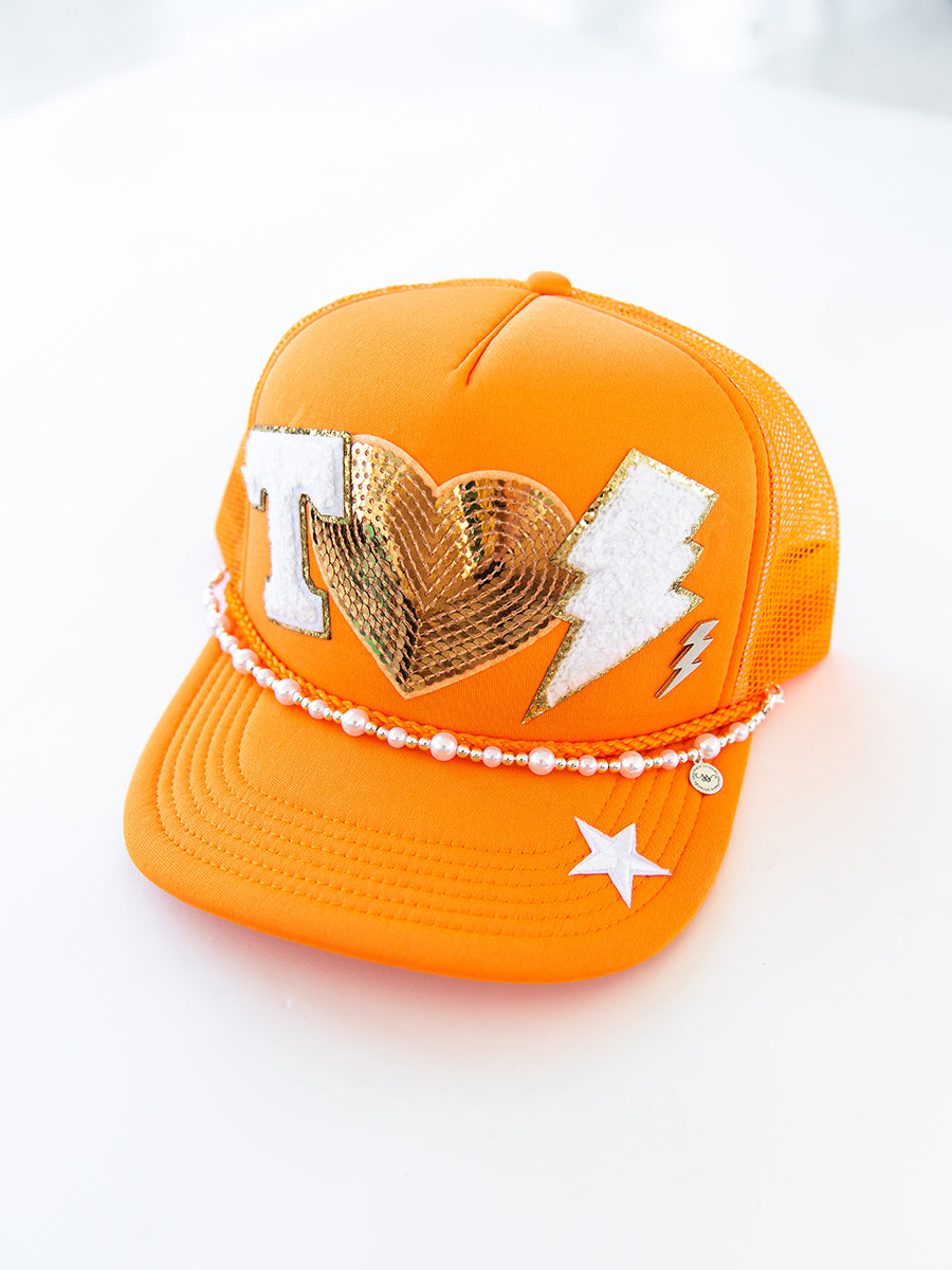 Orange Trucker Hat with Patches and Pearl Strand
