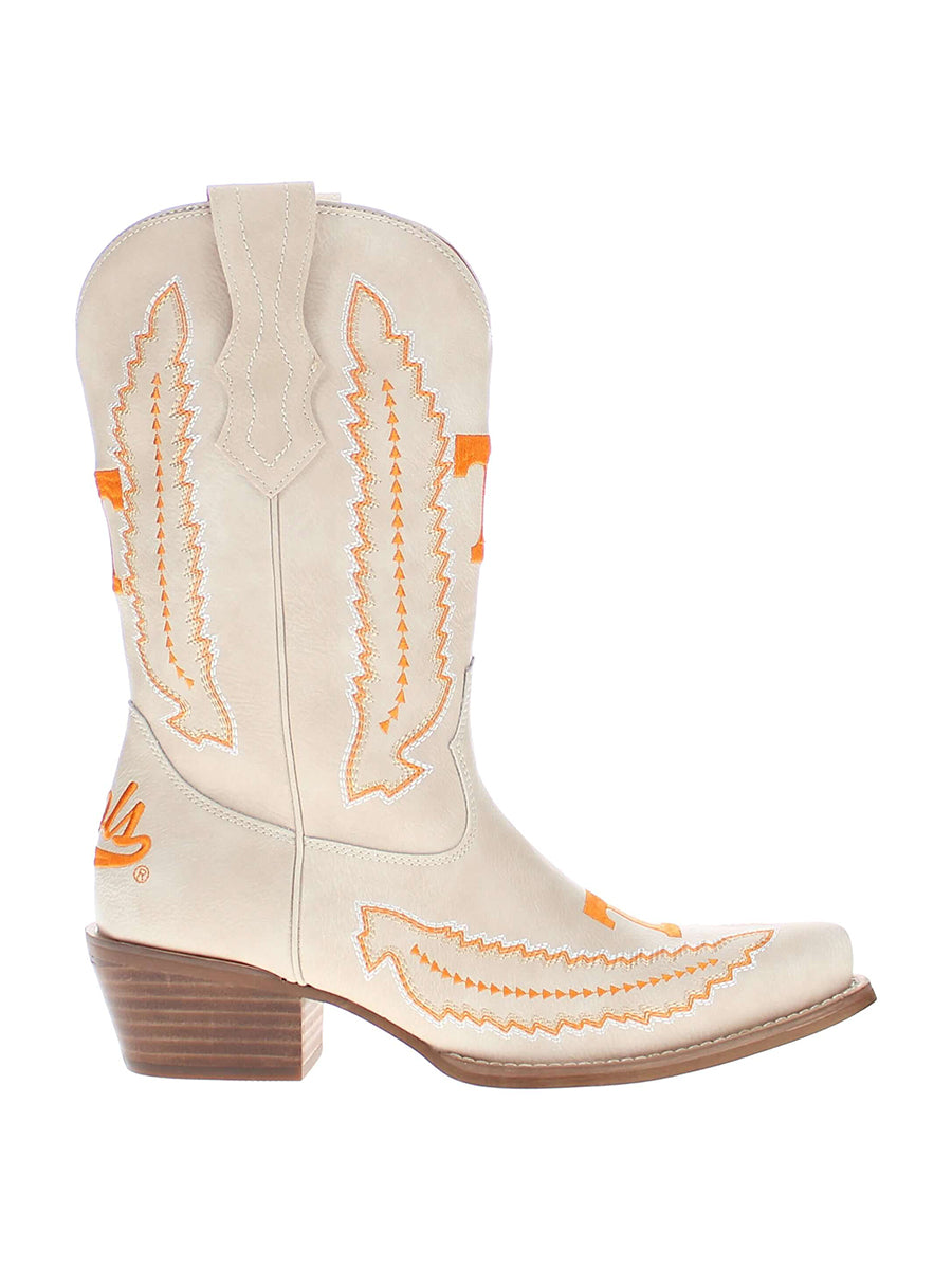 White Mid-Calf Boot with orange stitching