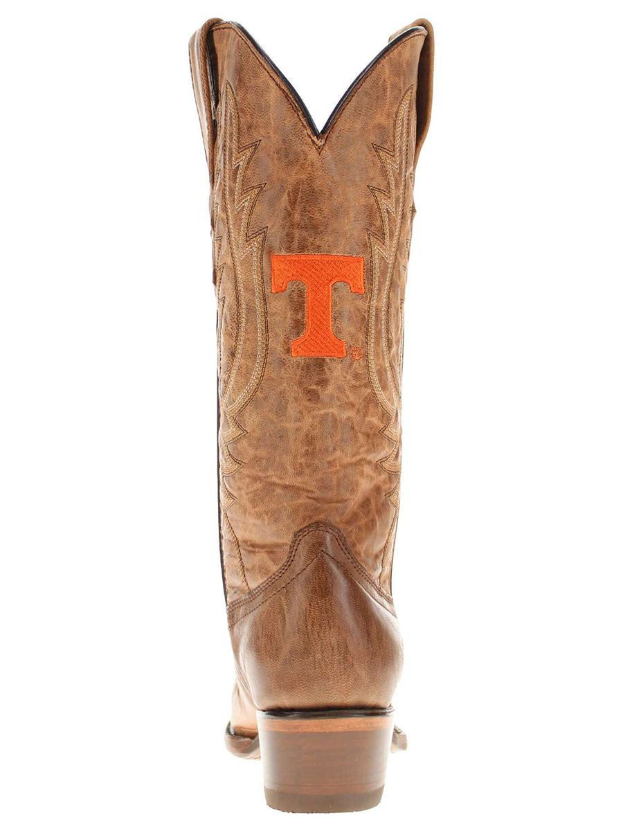 Brown cowboy boot with orange 'T' logo