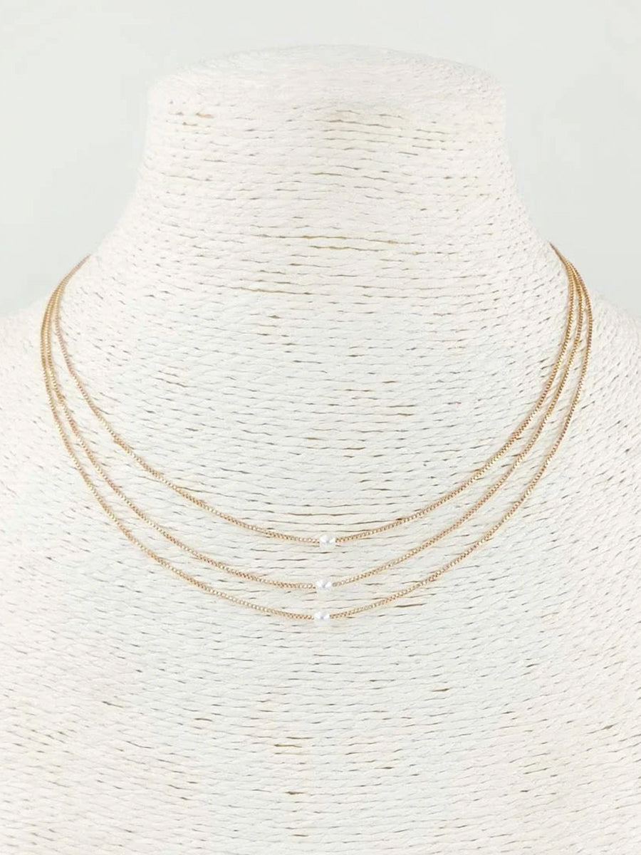 Triple Gold Chain with Pearl Accent Necklace