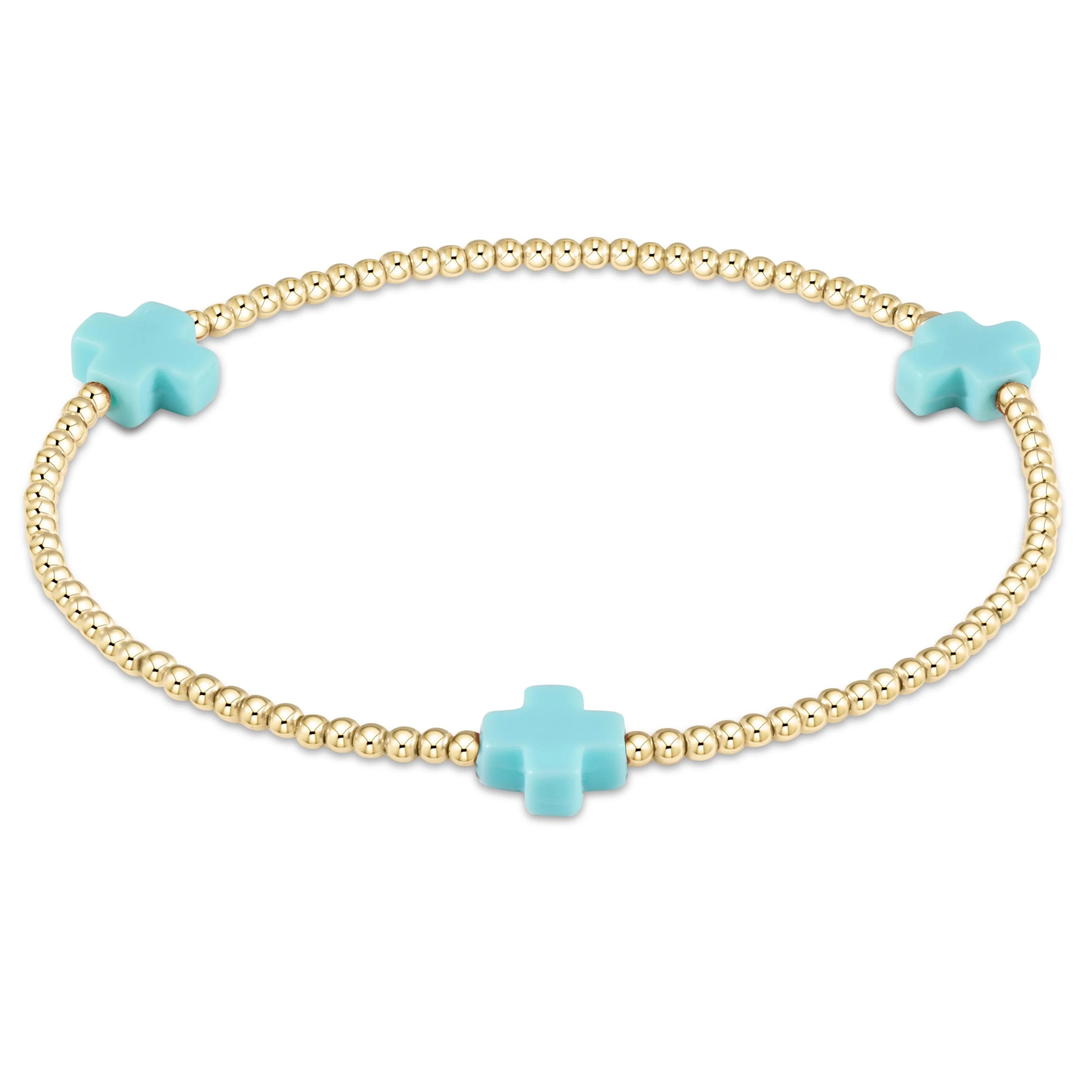 E-Newton Three Turquoise Cross Charms on Gold Beaded Bracelet