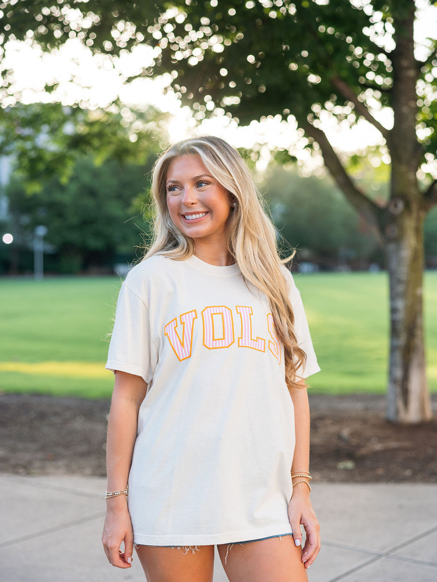Ivory "VOLS" Pink Pinstripe T-Shirt