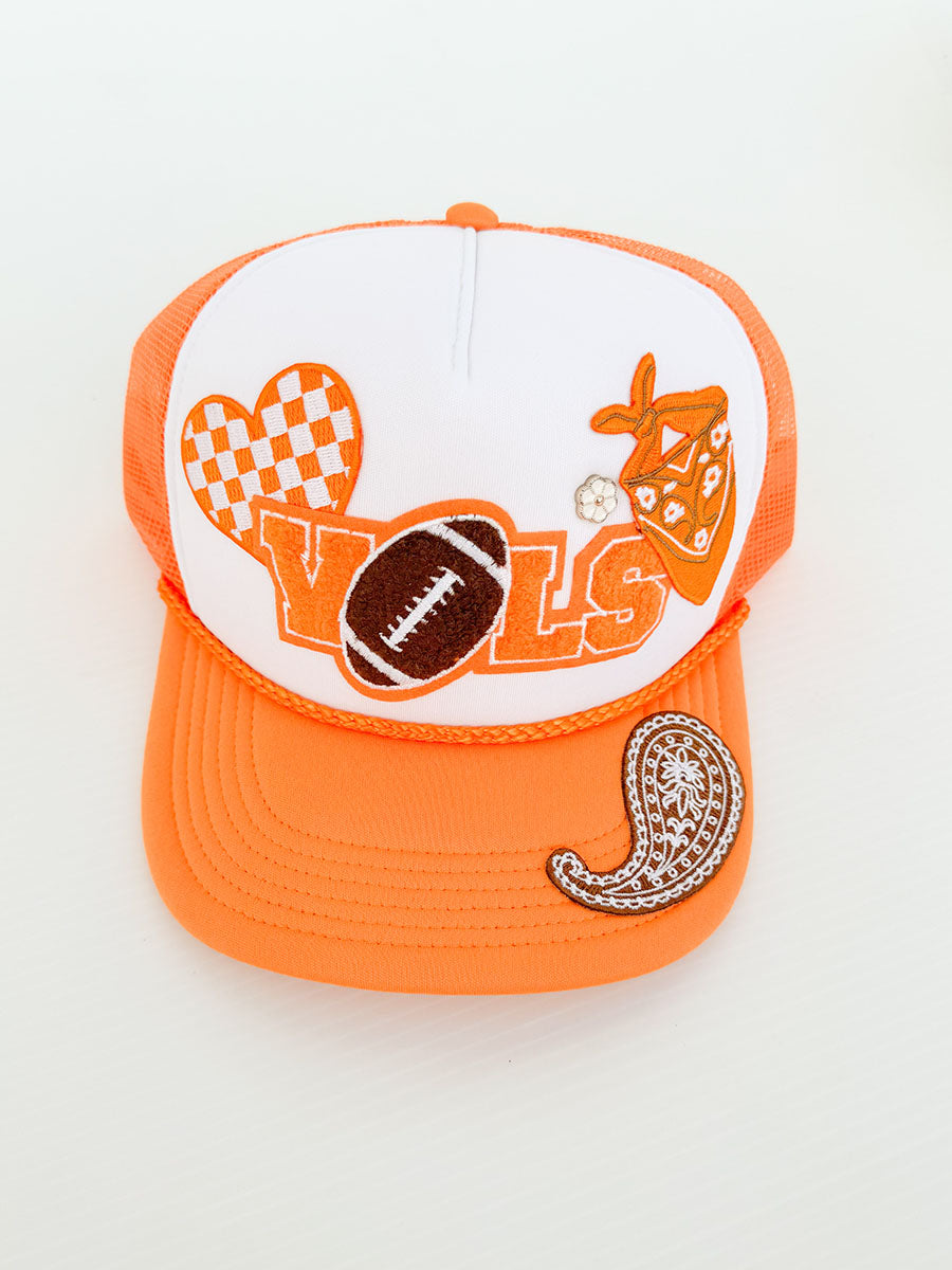 Orange and white multi-patch custom trucker hat