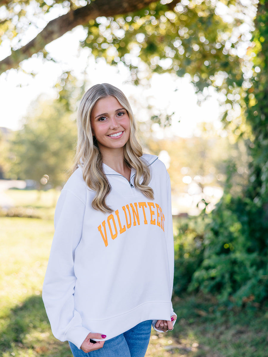 "Volunteers" Appliquéd Quarter Zip, White