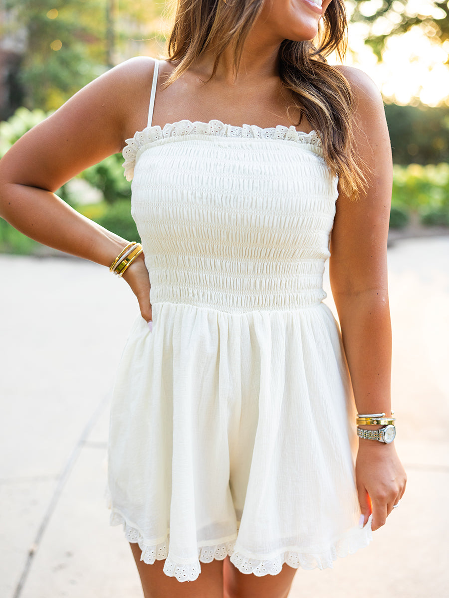 White Smocked Ruffled Romper