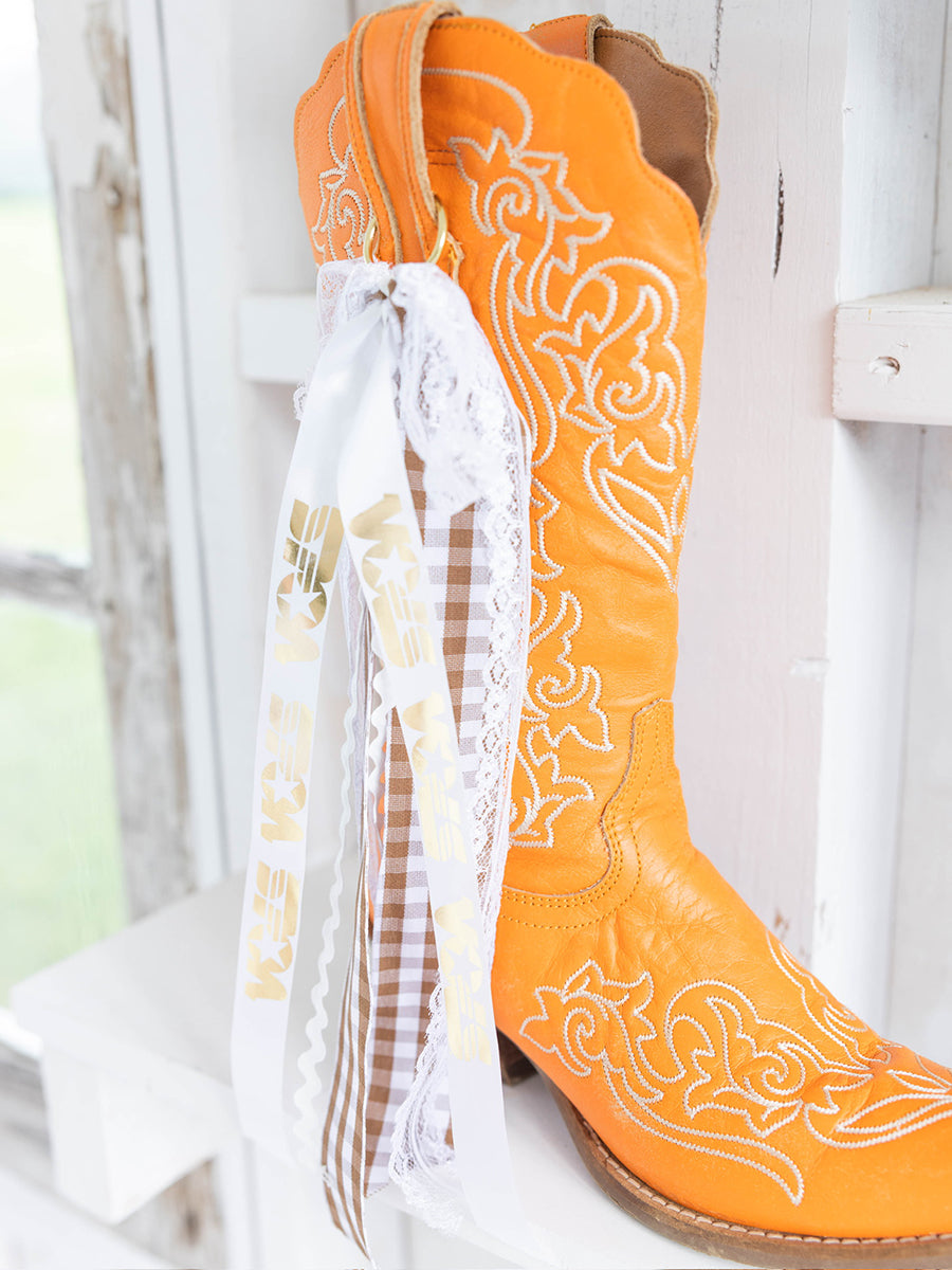 White & Gold "Vols" Star and Brown Gingham Ribbon Boot Bows