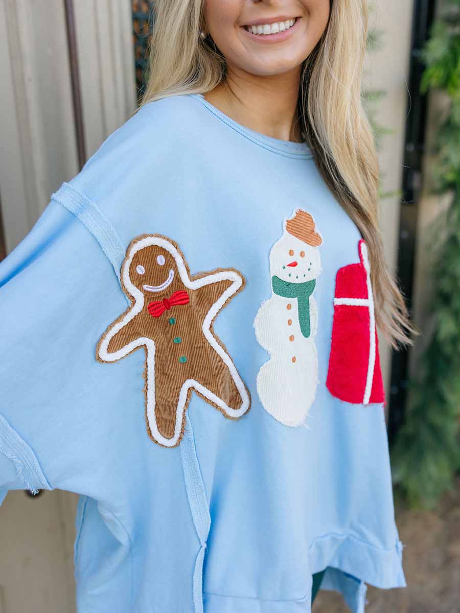 Light Blue Sweatshirt with Christmas Patches **Doorbuster**