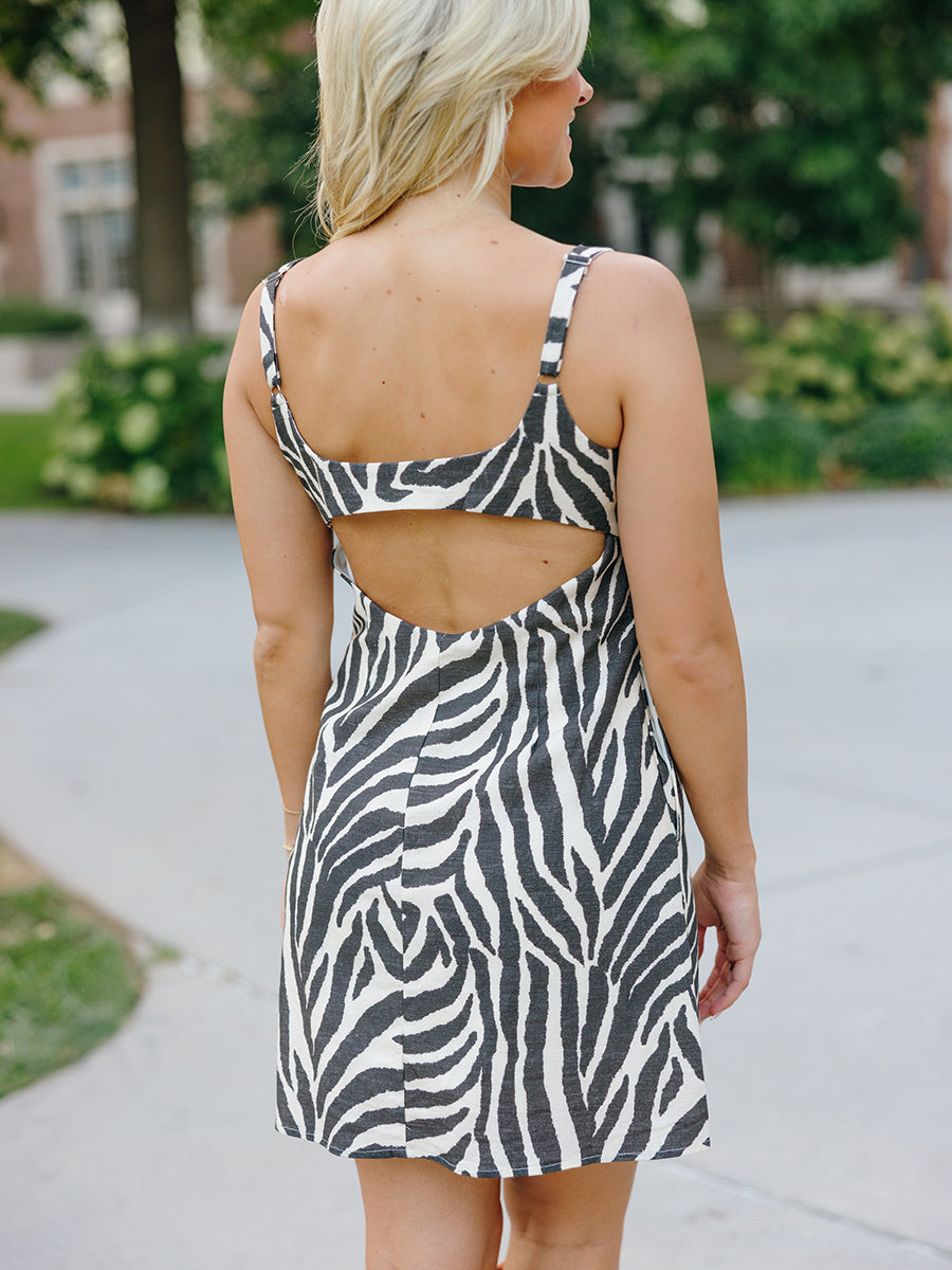 Zebra Print Open-Back Mini Dress